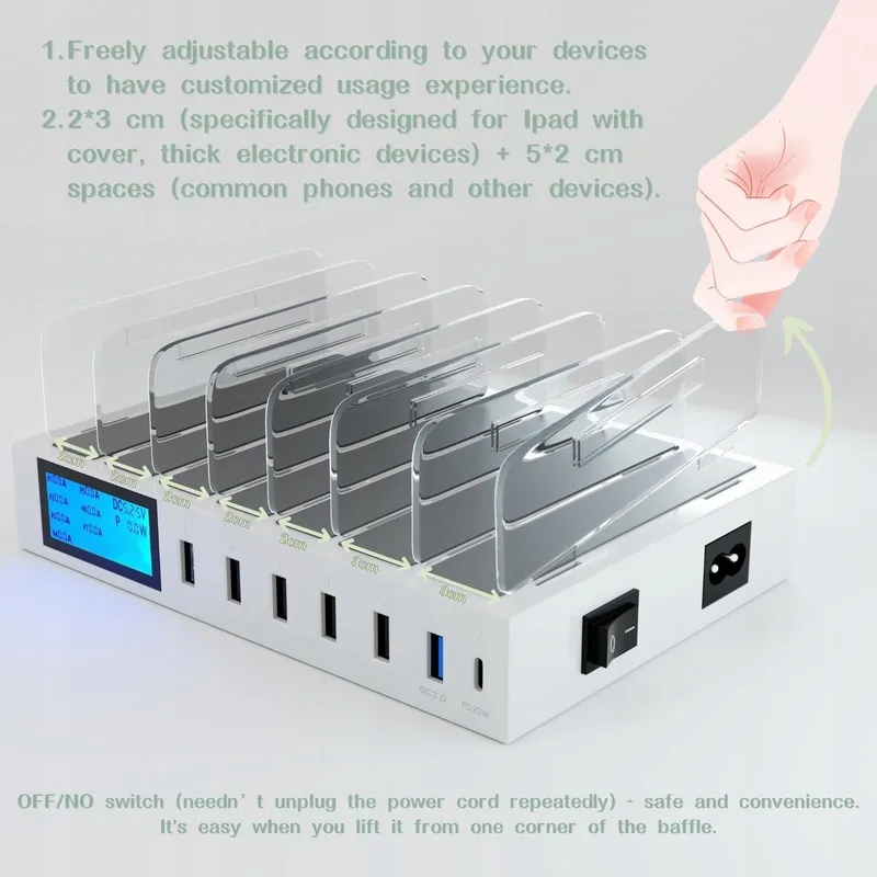 Snellaadstation Met Schakelaar QC3.0 7 USB Poorten LCD — foto 4