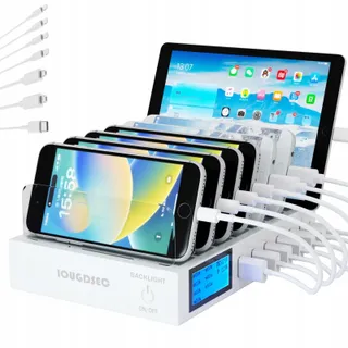 Snellaadstation Met Schakelaar QC3.0 7 USB Poorten LCD — miniatuur 1