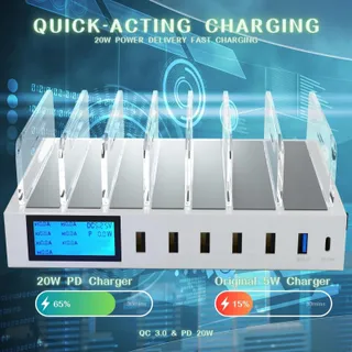 Snellaadstation Met Schakelaar QC3.0 7 USB Poorten LCD — miniatuur 5