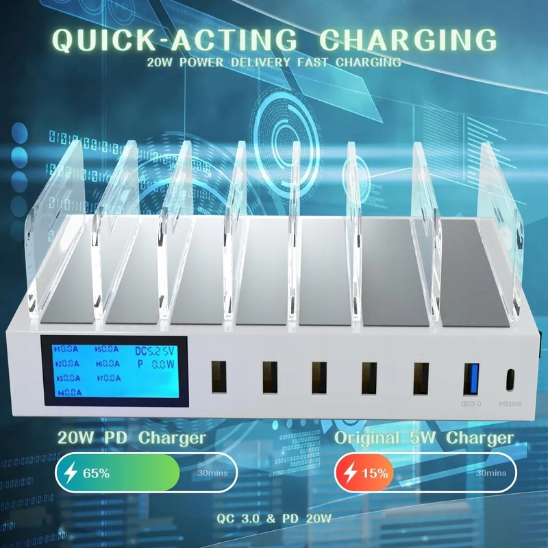 Snellaadstation Met Schakelaar QC3.0 7 USB Poorten LCD — foto 5