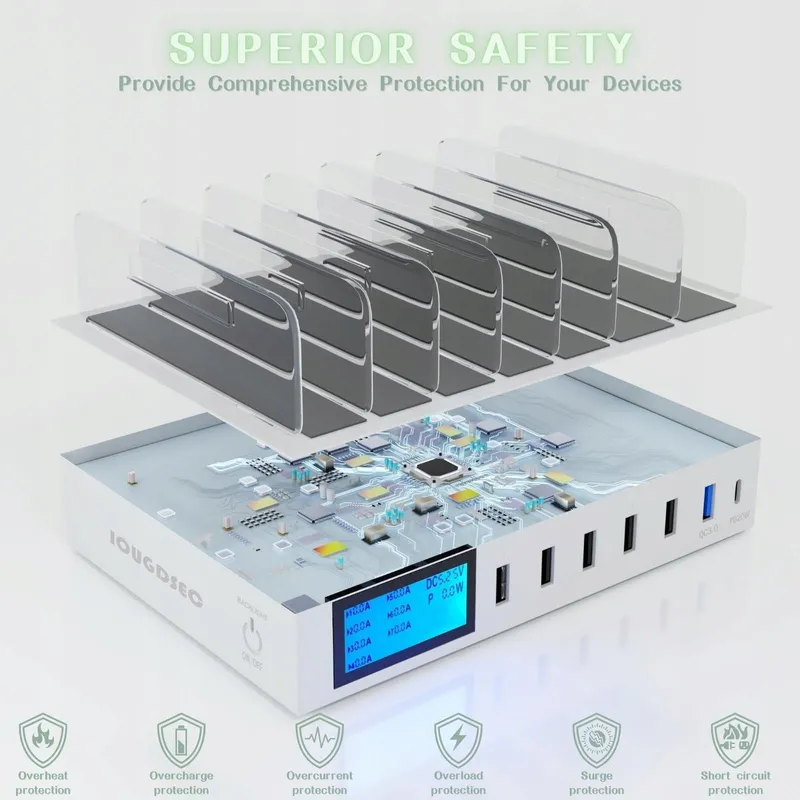 Snellaadstation Met Schakelaar QC3.0 7 USB Poorten LCD — foto 3