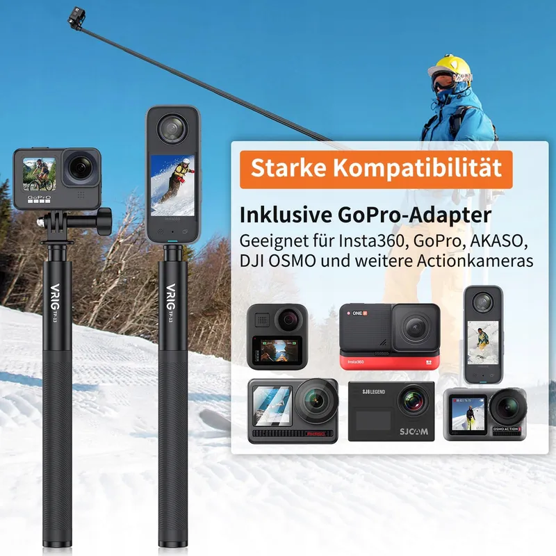 VRIG Selfiestick 131cm voor Insta360 GoPro en Smartphone Zwart — foto 5