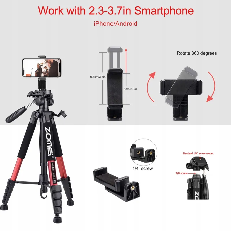 ZOMEI Professioneel Statief 188cm DSLR Telefoon Projector Rood — foto 6