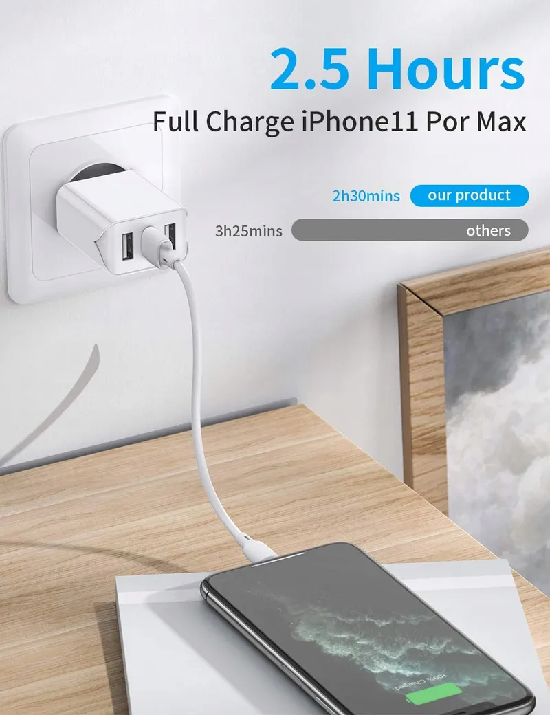 SCHITEC USB Oplader 3 Poorten 15W 3A Adapter Voor iPhone Android — foto 3