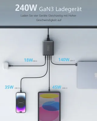 OUFUYU USB C Oplader 240W PD3.1 4-Poorts MacBook iPhone — miniatuur 2