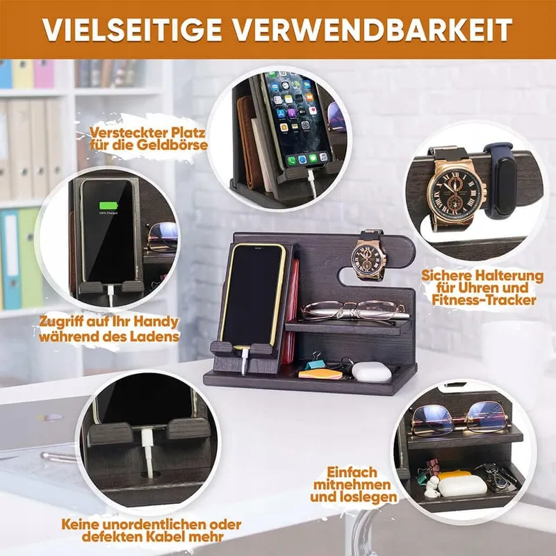 TESLYAR Houten Telefoon Dockingstation Organizer Zwart Essenhout — foto 4