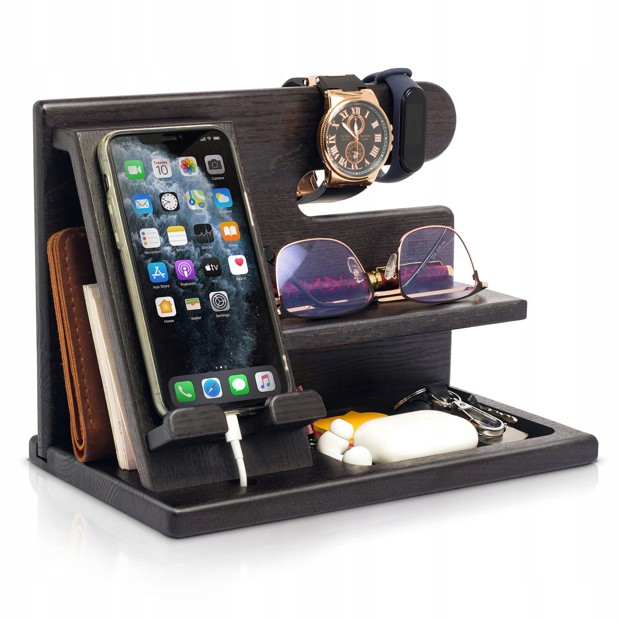 TESLYAR Houten Telefoon Dockingstation Organizer Zwart Essenhout