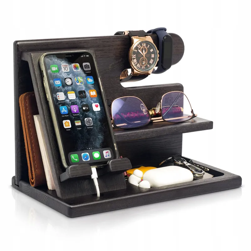 TESLYAR Houten Telefoon Dockingstation Organizer Zwart Essenhout — foto 1
