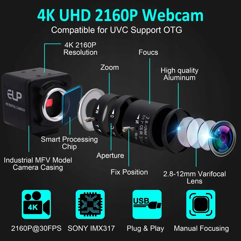 ELP 4K Ultra HD USB Camera Zoom 5-50mm Videoconferentie — foto 5