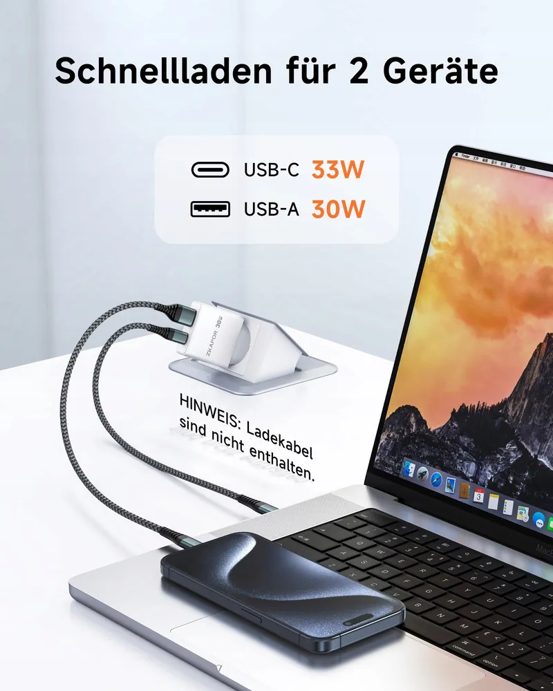 ZKAPOR USB C Oplader 30W 2-Poorts Snelladen Telefoons Tablets — foto 3