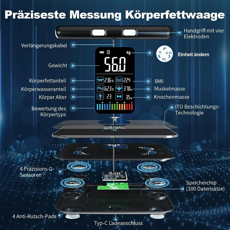 LEPULSE P1 Lichaamsanalyseweegschaal App 24 Gebruikers Zwart — foto 2
