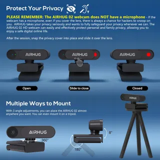 AIRHUG Webcam 2K QHD FHD 1080p 360° Plug&Play Windows Mac — miniatuur 2