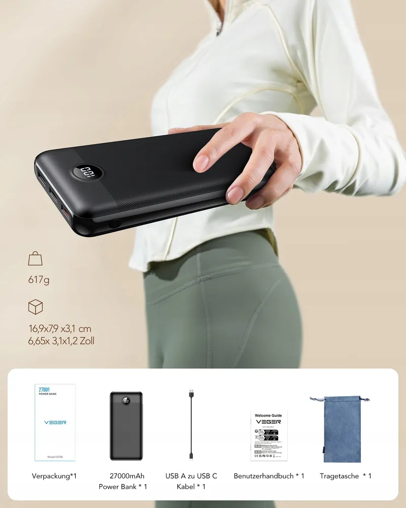 VEGER Power Bank 27000mAh 20W PD USB C 4 Uitgangen LED — foto 7