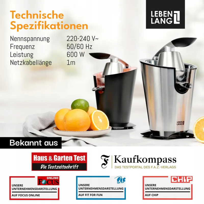 LEBENLANG Elektrische Citruspers 600W RVS BPA-Vrij — foto 6