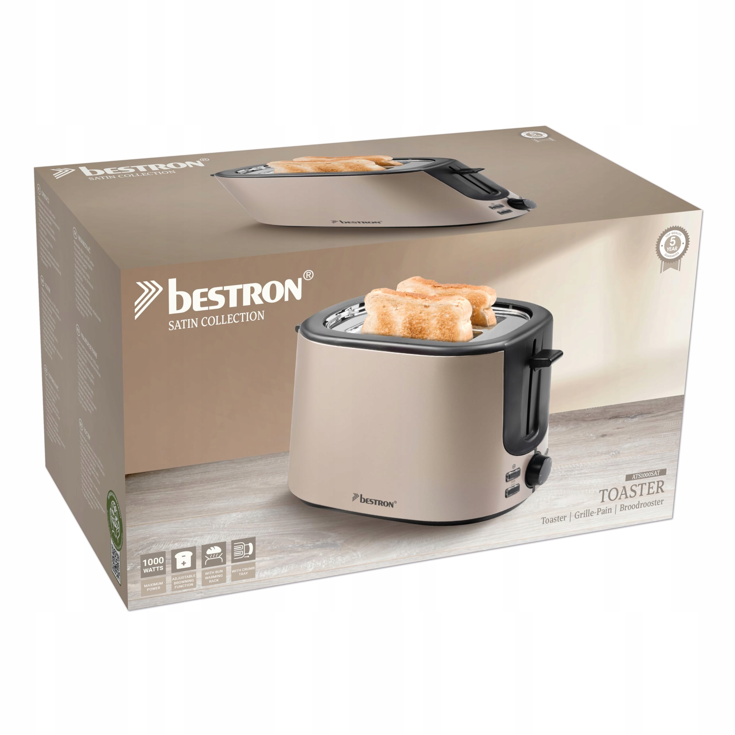 BESTRON Broodrooster 2 Sneetjes 7 Bruiningsniveaus 1000W Beige