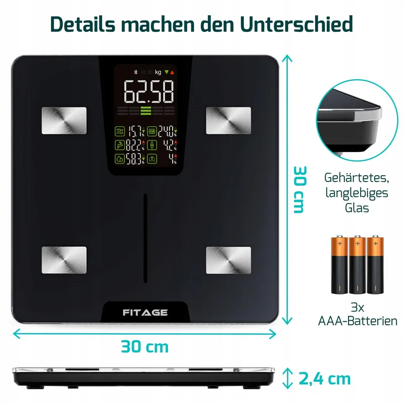 FITAGE Digitale Personenweegschaal 225kg Lichaamsanalyse App LED — foto 6