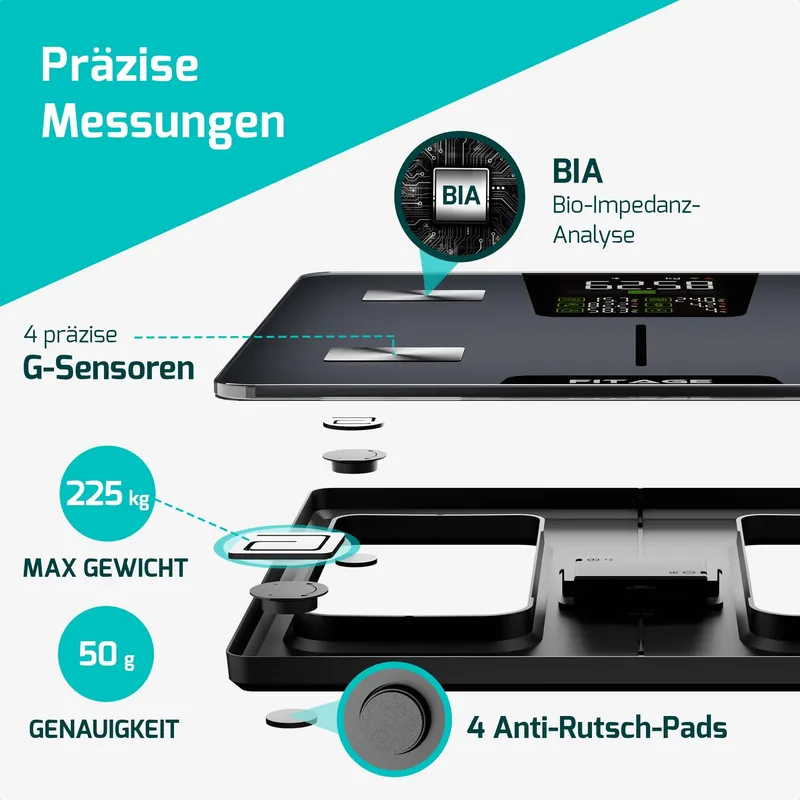 FITAGE Digitale Personenweegschaal 225kg Lichaamsanalyse App LED — foto 4