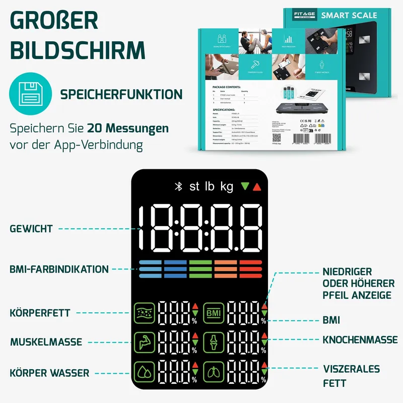 FITAGE Digitale Personenweegschaal 225kg Lichaamsanalyse App LED — foto 7