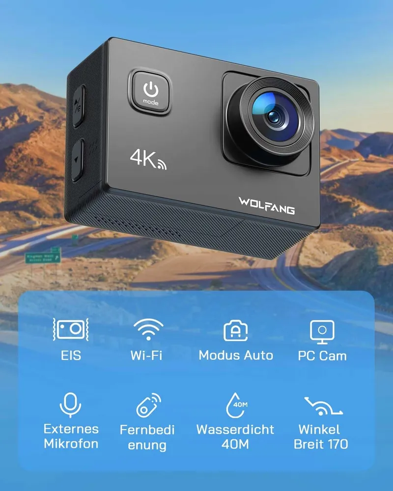 WOLFANG GA100 Actioncam 4K 20MP Onderwater WiFi 40M Waterdicht — foto 3
