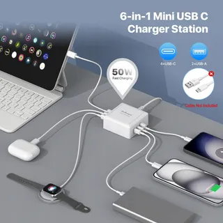 HONGYEE USB C Oplader 50W 6-Poorts Snelladen iPhone Android — miniatuur 6