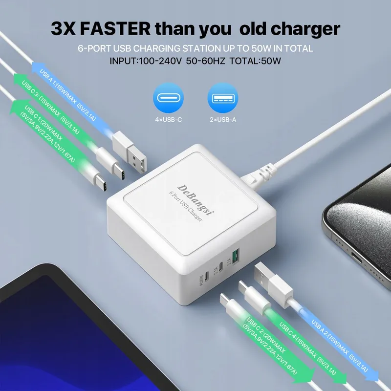 HONGYEE USB C Oplader 50W 6-Poorts Snelladen iPhone Android — foto 2