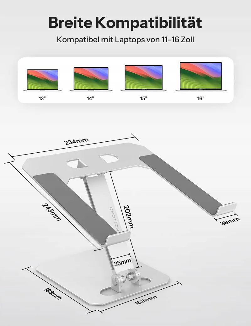 OMOTON Aluminium Laptopstandaard Verstelbaar MacBook Samsung Zilver β foto 6