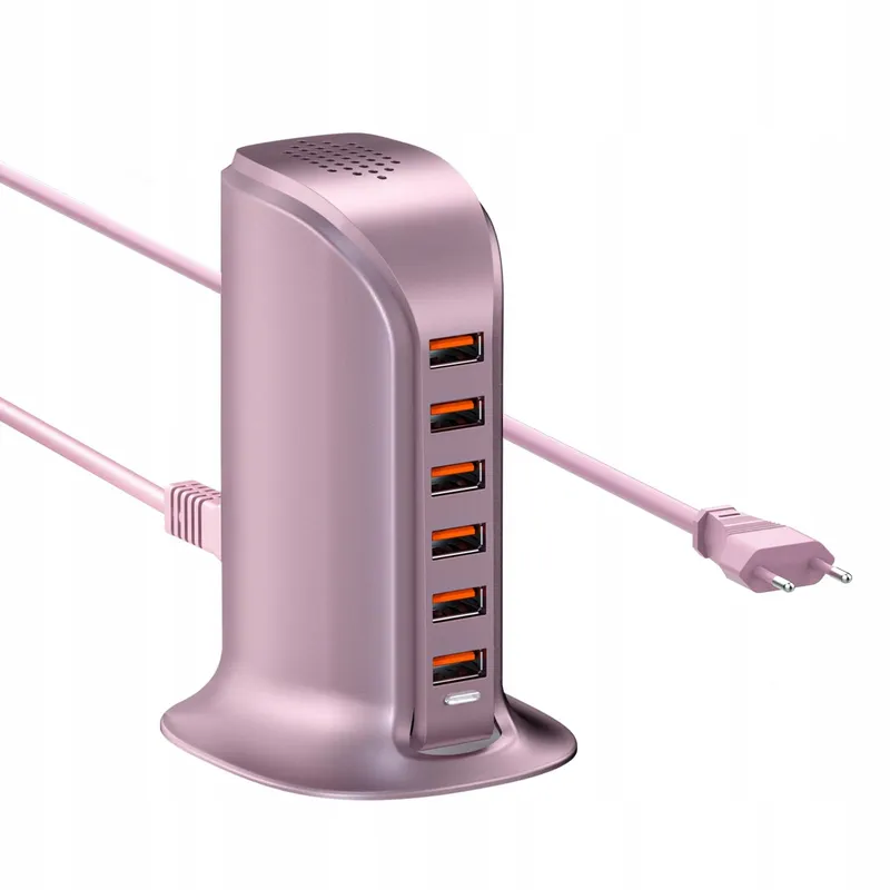 POANES USB Oplader 6-Poorts 50W iPhone Android Samsung Tablet Roze — foto 1