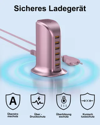 POANES USB Oplader 6-Poorts 50W iPhone Android Samsung Tablet Roze — miniatuur 6