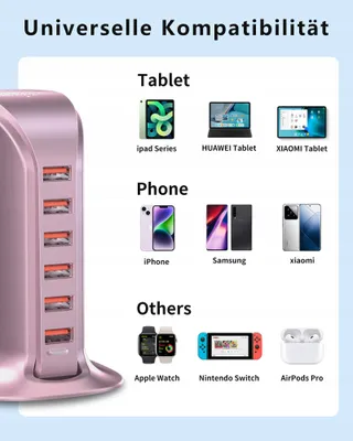 POANES USB Oplader 6-Poorts 50W iPhone Android Samsung Tablet Roze — miniatuur 3