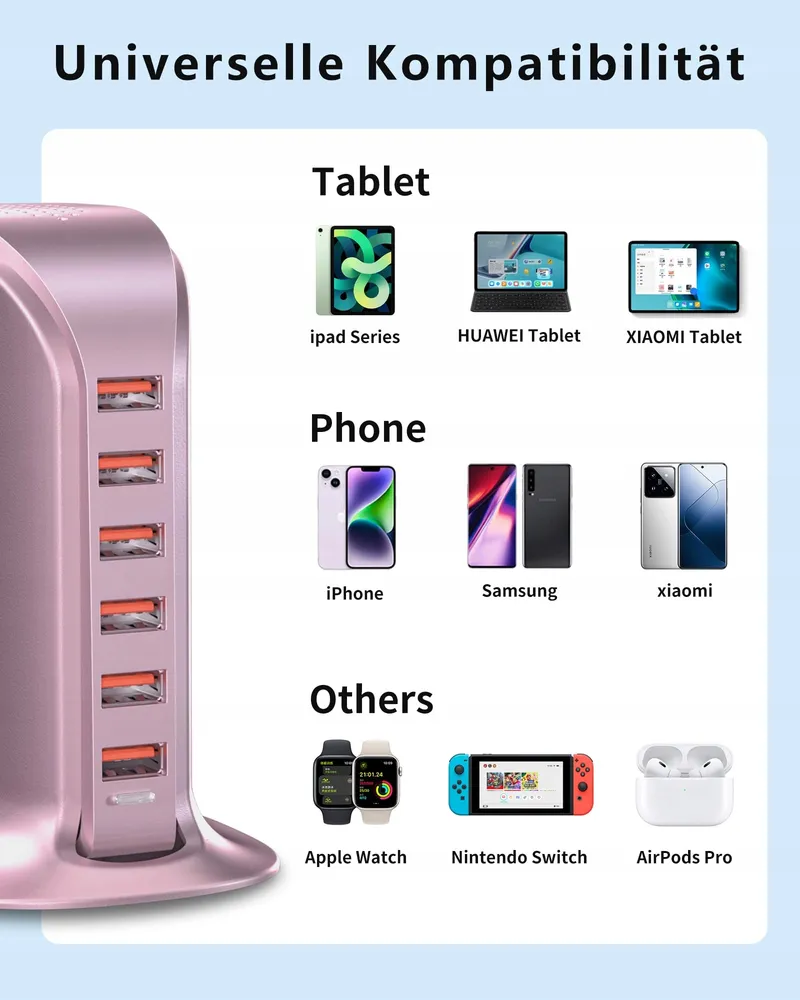 POANES USB Oplader 6-Poorts 50W iPhone Android Samsung Tablet Roze — foto 3