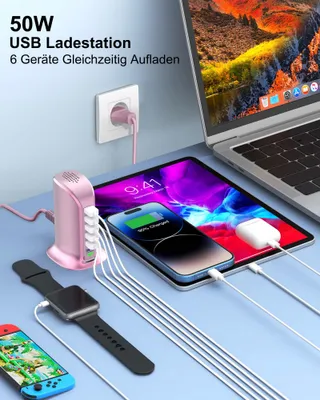 POANES USB Oplader 6-Poorts 50W iPhone Android Samsung Tablet Roze — miniatuur 2