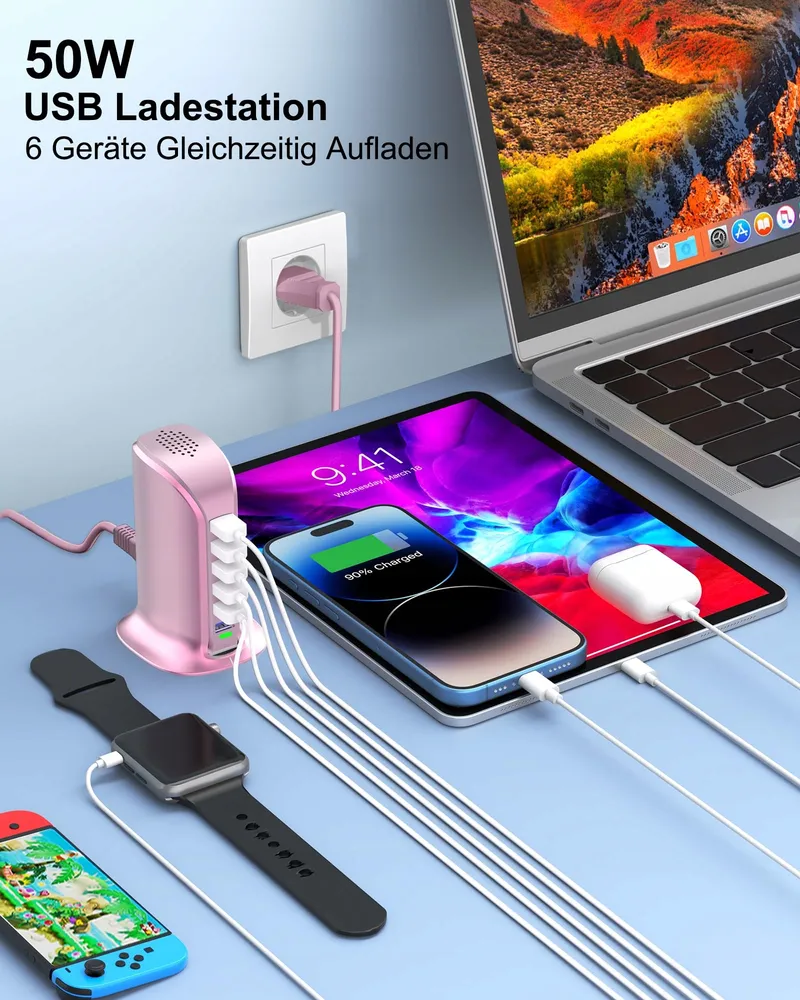 POANES USB Oplader 6-Poorts 50W iPhone Android Samsung Tablet Roze — foto 2