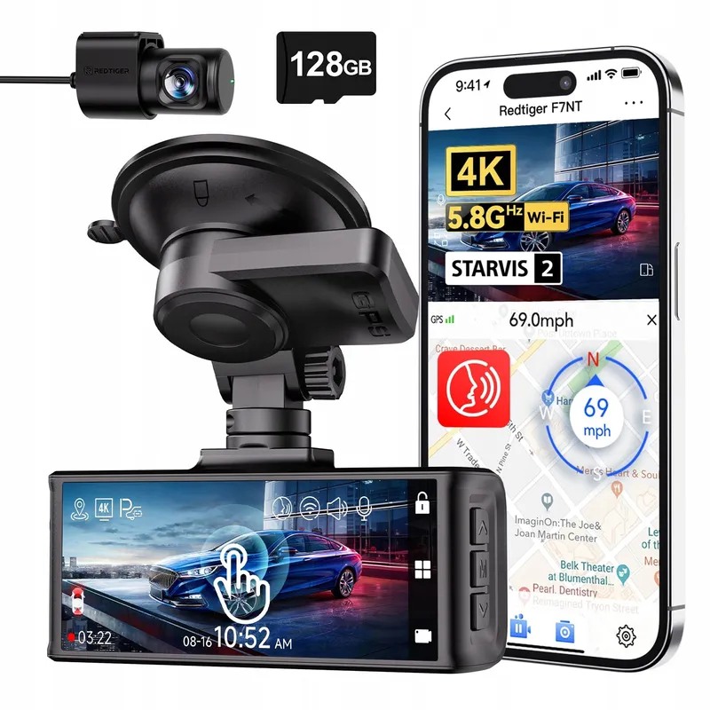 REDTIGER 4K Dashcam Voor Achter Touchscreen GPS WiFi 128GB — foto 1