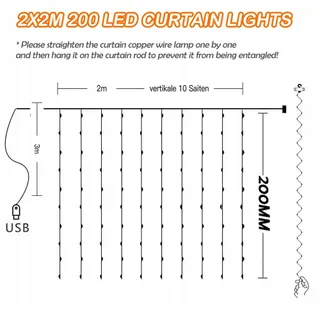 KIMUWOTE LED Lichtgordijn 2x2m 200 LED Waterdicht USB Warmwit — miniatuur 2
