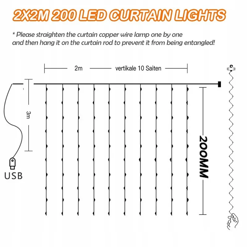 KIMUWOTE LED Lichtgordijn 2x2m 200 LED Waterdicht USB Warmwit — foto 2