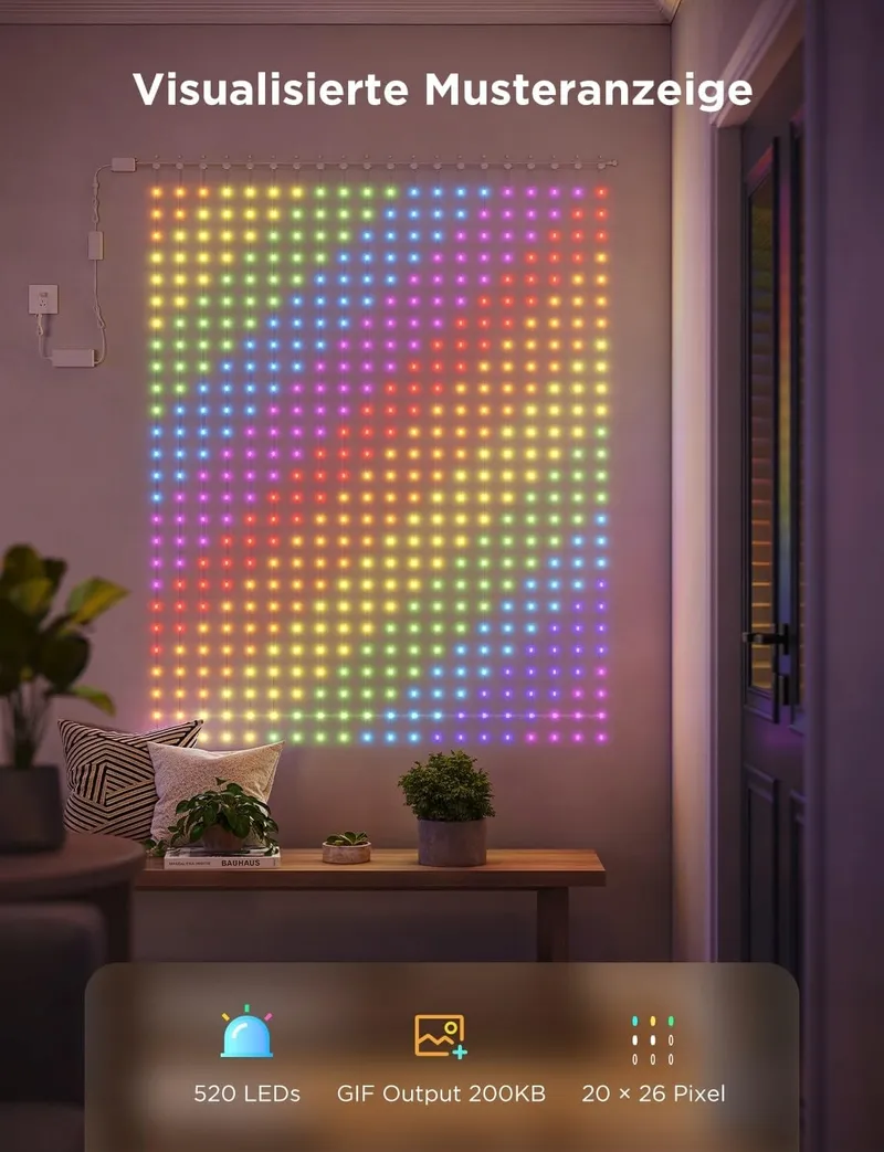 KIMUWOTE LED Lichtgordijn 2x2m 200 LED Waterdicht USB Warmwit — foto 9