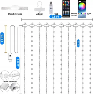 KIMUWOTE LED Lichtgordijn 2x2m 200 LED Waterdicht USB Warmwit — miniatuur 16