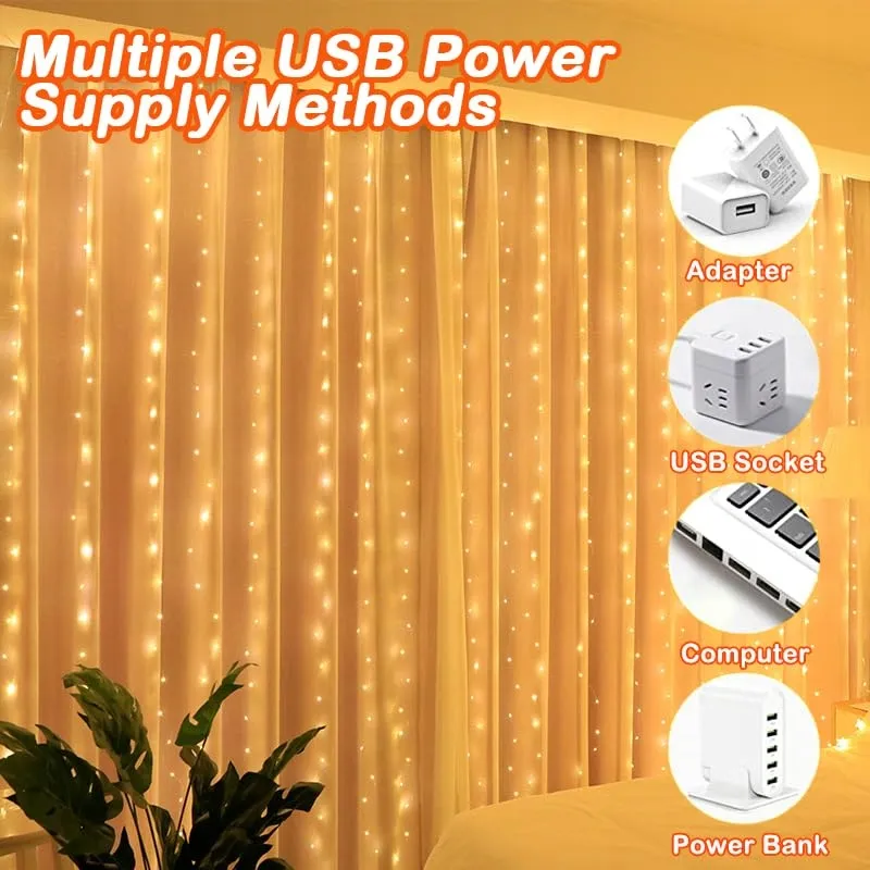 KIMUWOTE LED Lichtgordijn 2x2m 200 LED Waterdicht USB Warmwit — foto 4