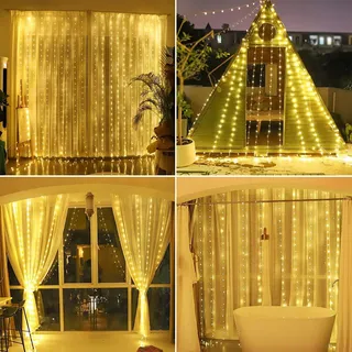 KIMUWOTE LED Lichtgordijn 2x2m 200 LED Waterdicht USB Warmwit — miniatuur 6