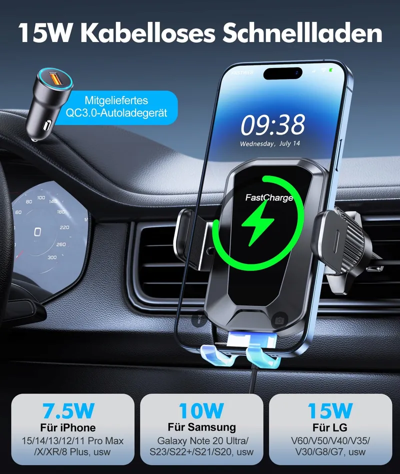 EOIWUY Autohouder Draadloze Oplader 15W Automatisch — foto 4