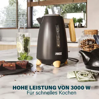 PRINCESS Pure Waterkoker 1,7L Bamboe 360° 3000W Mat Zwart — miniatuur 3
