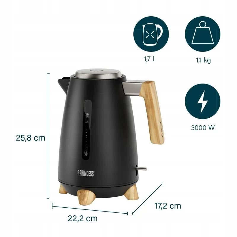 PRINCESS Pure Waterkoker 1,7L Bamboe 360° 3000W Mat Zwart — foto 2