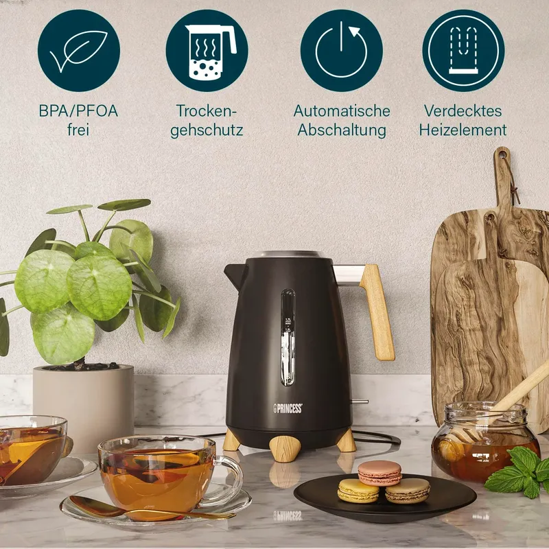 PRINCESS Pure Waterkoker 1,7L Bamboe 360° 3000W Mat Zwart — foto 4