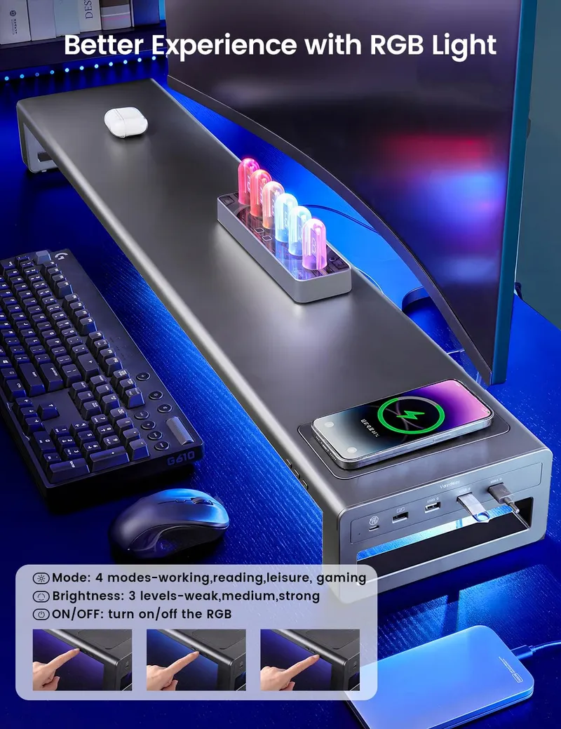 VAYDEER Dual Monitorstandaard Draadloos Opladen 4 USB Zwart — foto 5