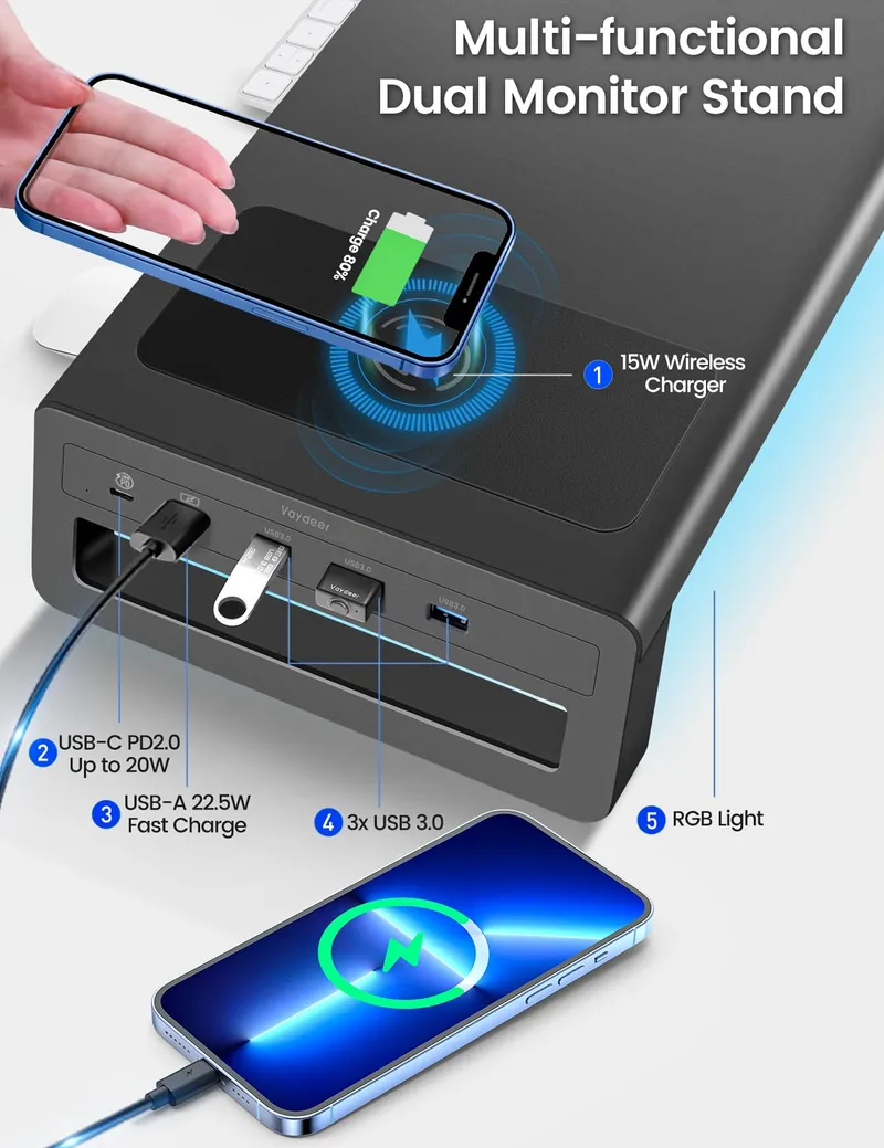 VAYDEER Dual Monitorstandaard Draadloos Opladen 4 USB Zwart — foto 2