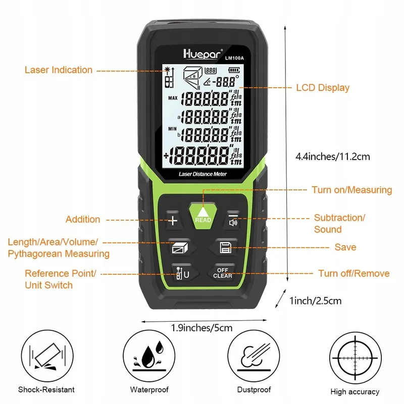 HUEPAR Laserafstandsmeter 100M Li-Ion LCD Pythagoras LM100A — foto 6