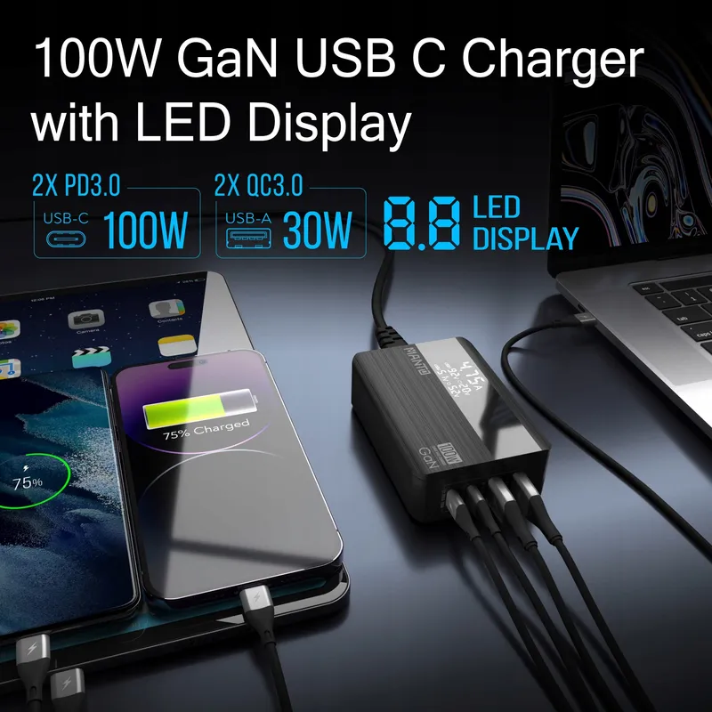 MANTO 100W GaN USB C Oplader LED 4-Poorts MacBook iPhone — foto 2