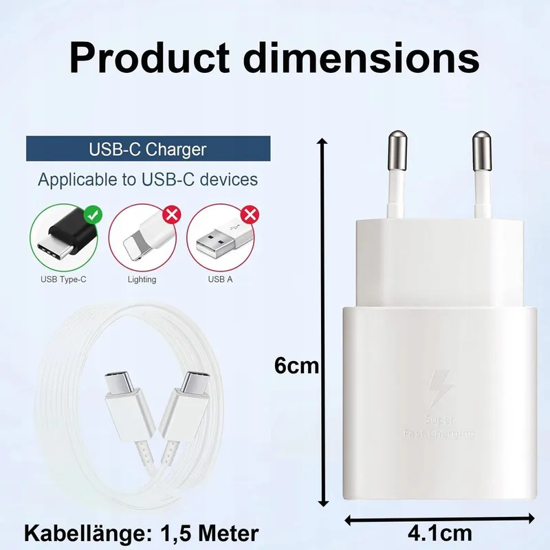 SAMNEER 25W USB-C Oplader voor Galaxy A54 A53 A34 A33 A14 M54 M53 M33 — foto 5