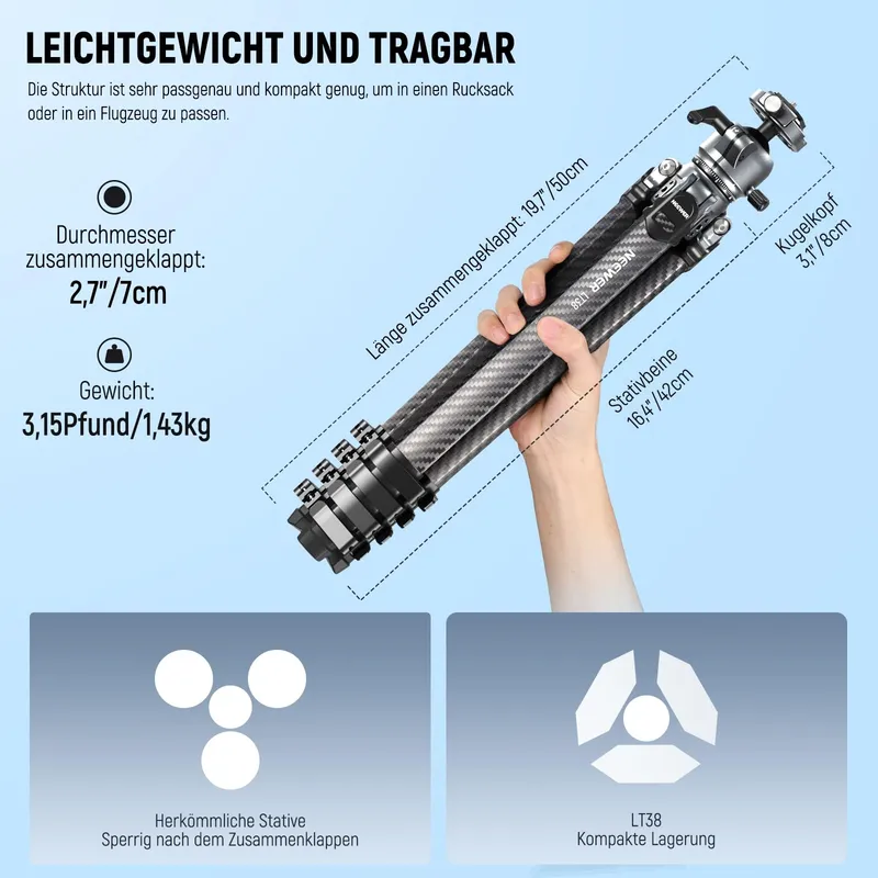NEEWER LITETRIP LT38 Reisstatief 155cm Koolstofvezel Arca QR — foto 2