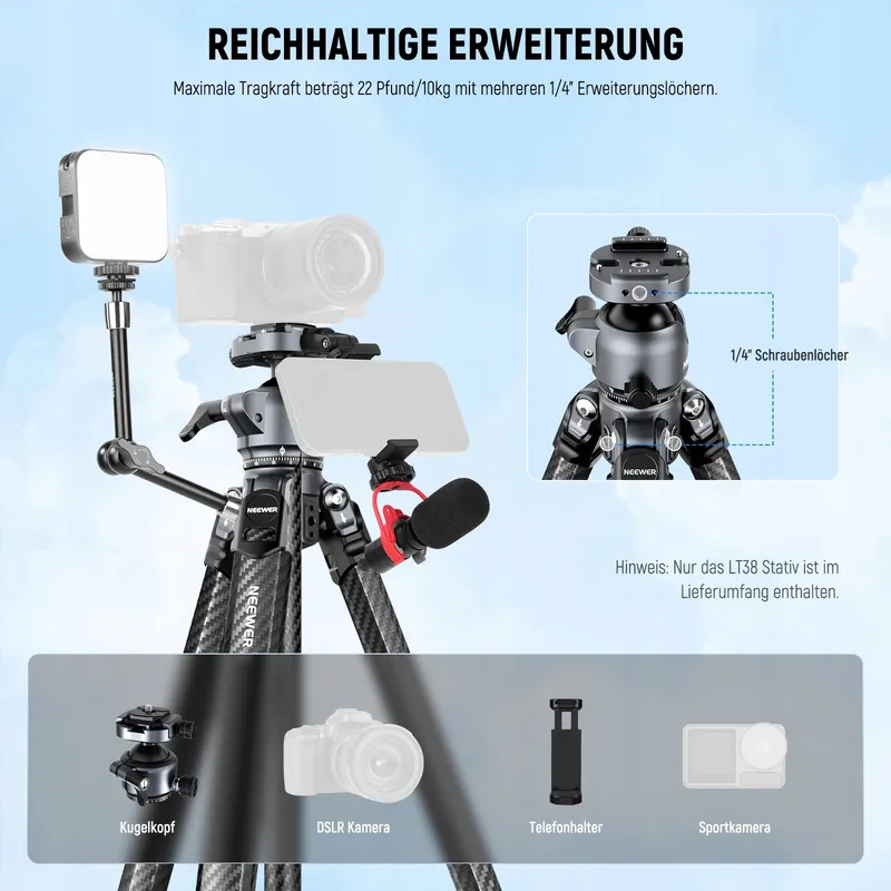 NEEWER LITETRIP LT38 Reisstatief 155cm Koolstofvezel Arca QR — foto 7